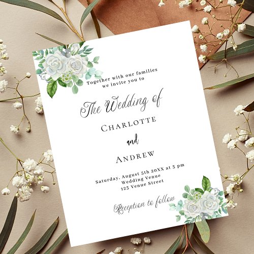 Wedding white florals greenery budget invitation flyer