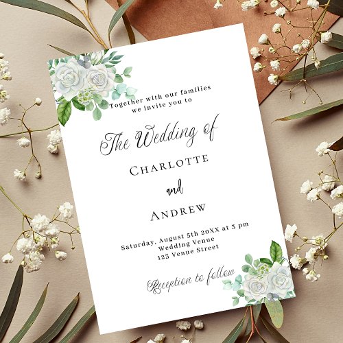 Wedding white florals greenery simple elegant invitation