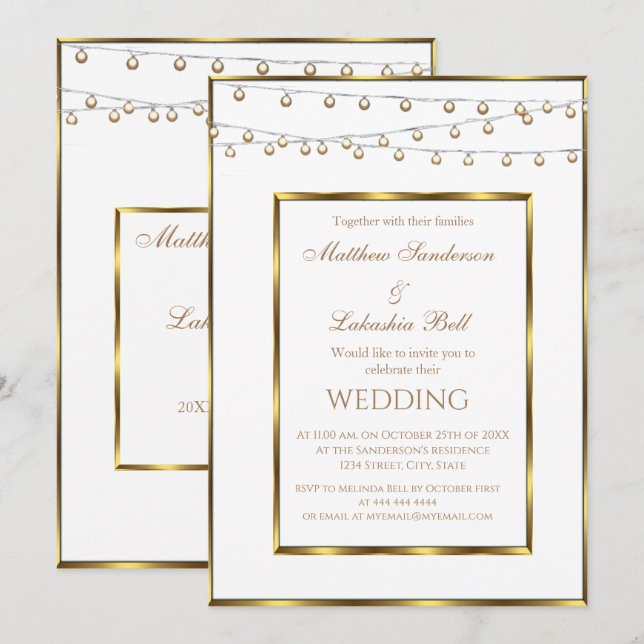 Wedding White Gold Fairy Lights Invitation (Front/Back)