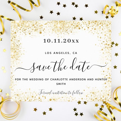Wedding white gold glitter budget save date