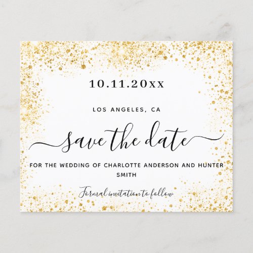Wedding white gold glitter budget save date flyer