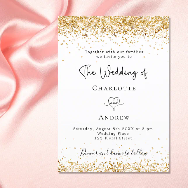 Wedding white gold glitter script elegant invitation | Zazzle
