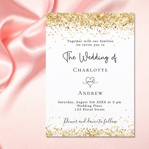 Wedding white gold glitter script elegant invitation