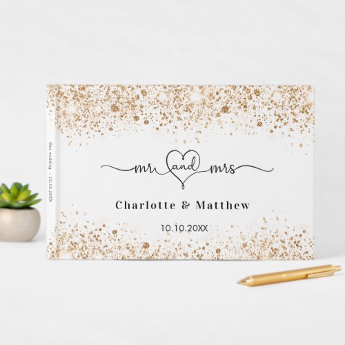 Wedding white gold mr mrs heart  guest book