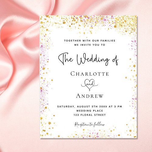 Wedding white gold pink glitter budget invitation flyer