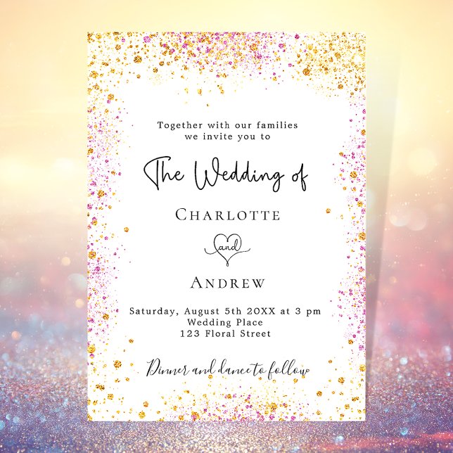 Wedding white gold pink glitter elegant invitation postcard (Creator Uploaded)