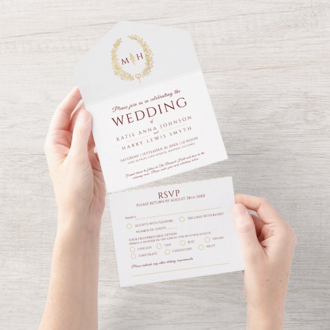 Wedding white gold red oval leaves monogram all in one invitation (Tearaway)