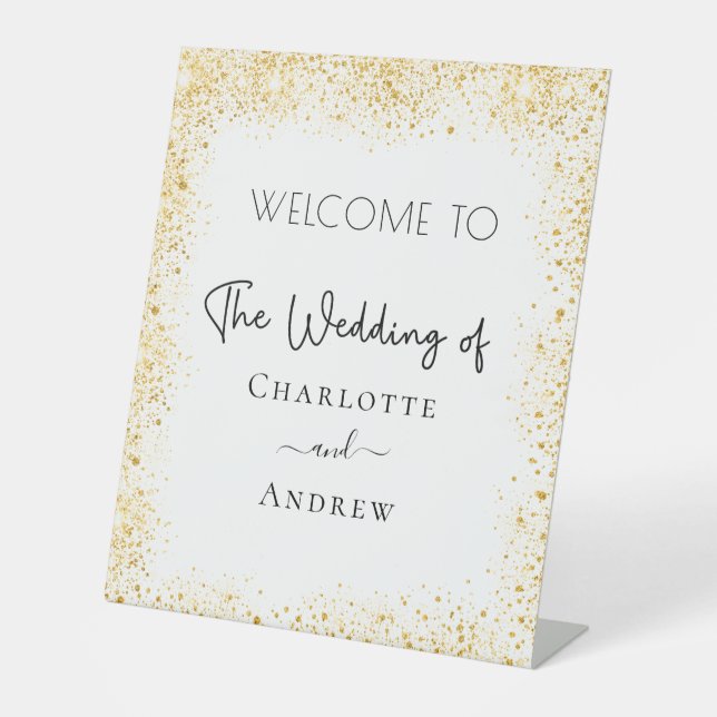 Wedding white gold sparkles welcome pedestal sign (Front)