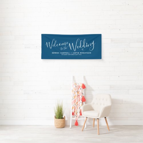 Wedding white heart script text navy blue welcome banner