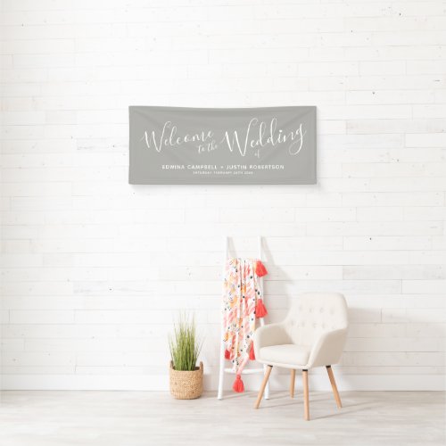 Wedding white heart script text on gray welcome banner