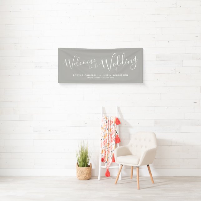 Wedding white heart script text on gray welcome banner (Insitu)