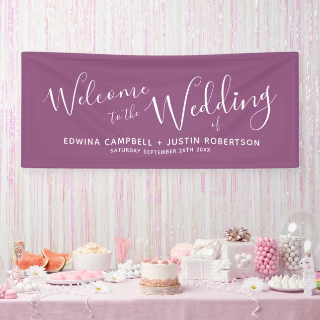 Wedding white heart script text purple welcome banner (Party)