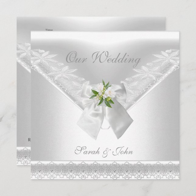 Wedding White Invitation White Bow Floral lace (Front/Back)