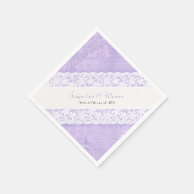 Wedding white lace on lilac purple paper napkins (Corner)