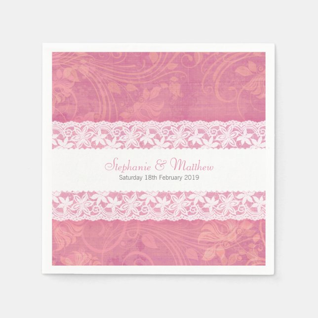 Wedding white lace on salmon pink paper napkins (Front)