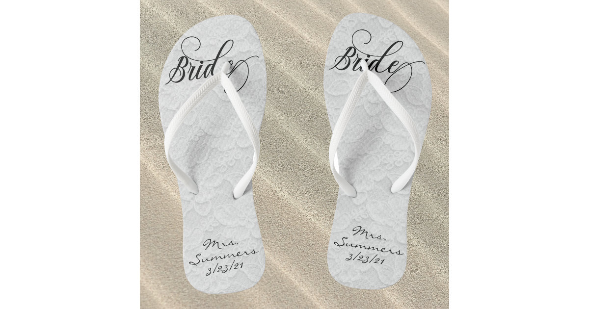 Wedding White Lace Personalized Bride Flip Flops | Zazzle