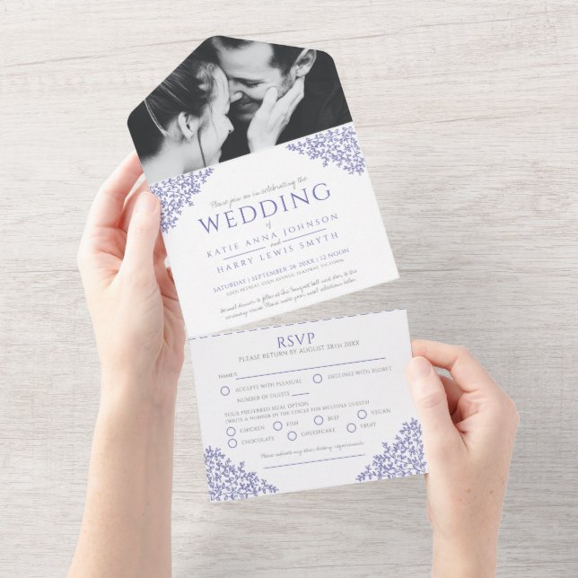 Wedding white leaves photo meal RSVP All In One Invitation (Tearaway)