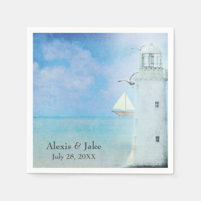 Wedding White Lighthouse and Sailboat Napkins (Front)