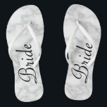 Wedding White Marble Print Bride Flip Flops<br><div class="desc">Customizable flip flops for your wedding day! Printed with a beautiful white marble pattern and text that reads Bride in a elegant script font. Text can be changed to read Mrs or Mr,  or names and monograms,  whatever you wish!</div>