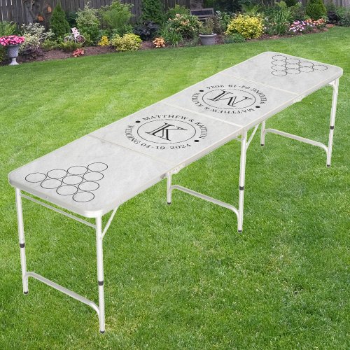 Wedding White Marble Stone with Name  Initials Beer Pong Table