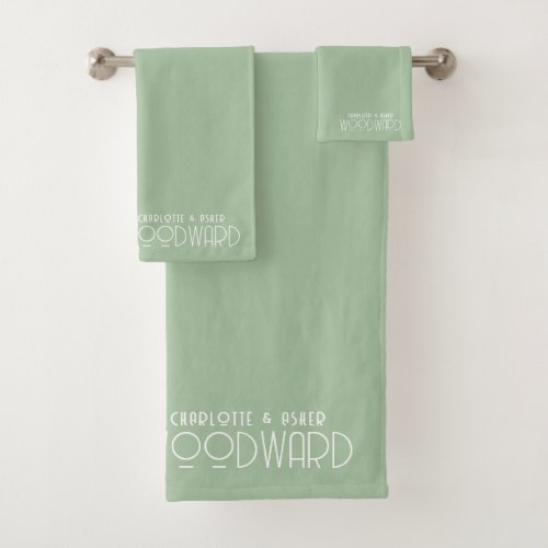 Wedding White Monogram Newlyweds Sage Green Bath Towel Set