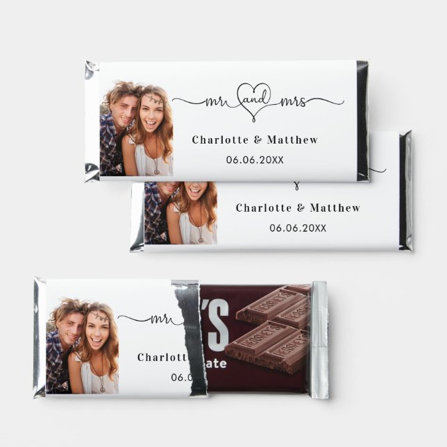 Wedding white mr mrs heart photo script hershey bar favors (Front)