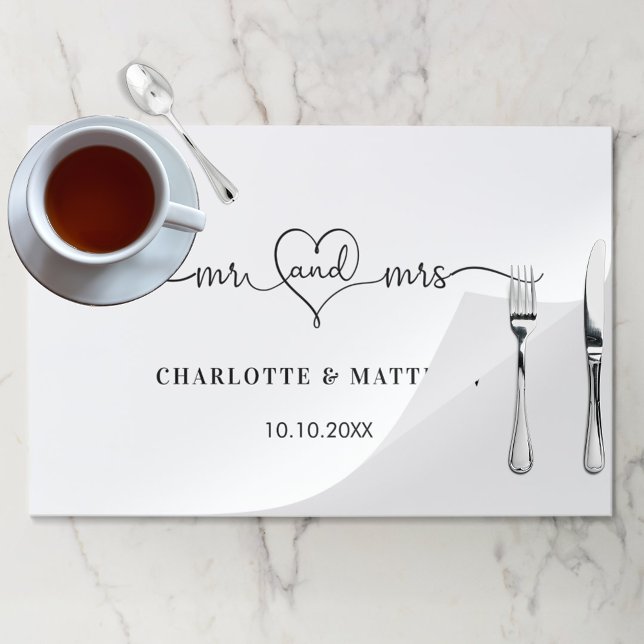 Wedding white mr mrs heart script paper place mat (Creator Uploaded)
