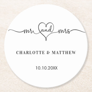 Wedding white mr mrs heart script round paper coaster