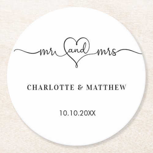 Wedding white mr mrs heart script round paper coaster