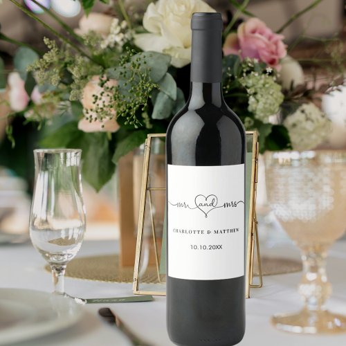 Wedding white mr mrs heart script  wine label