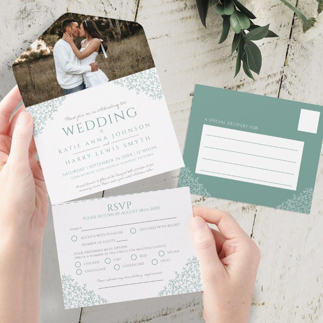 Wedding white muted green leaves custom photo all in one invitation (Creator Uploaded)
