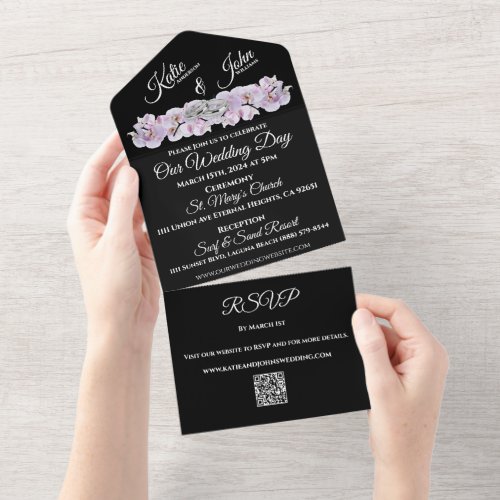 Wedding White Orchids on Black_QR code RSVP_  All In One Invitation