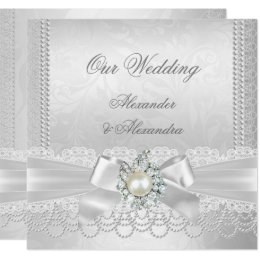 Pearl Wedding Invitations Announcements Zazzle Wedding White Pearl Lace Damask Diamond Silver Card