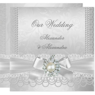Wedding White Pearl Lace Damask Diamond Silver Card