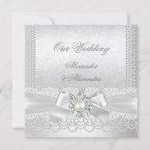 Wedding White Pearl Lace Damask Diamond Silver Invitation (Front)