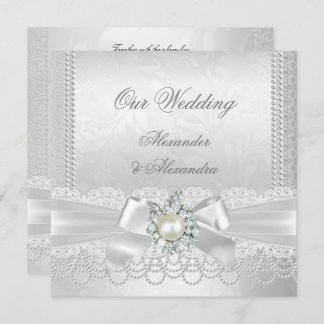 Wedding White Pearl Lace Damask Diamond Silver Invitation