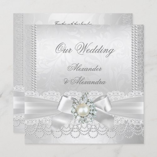 Wedding White Pearl Lace Damask Diamond Silver Invitation