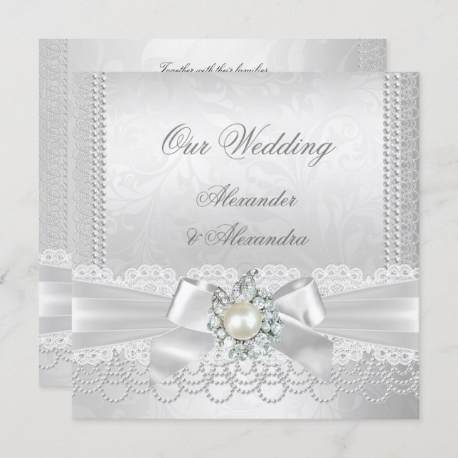 Wedding White Pearl Lace Damask Diamond Silver Invitation (Front/Back)