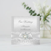 Wedding White Pearl Lace Damask Diamond Silver Invitation (Standing Front)