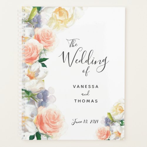 Wedding white pink floral monogram 2023 planner