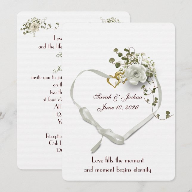 Wedding White Ribbon Heart with Rings Invitation (Front/Back)