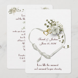 Wedding White Ribbon Heart with Rings Invitation