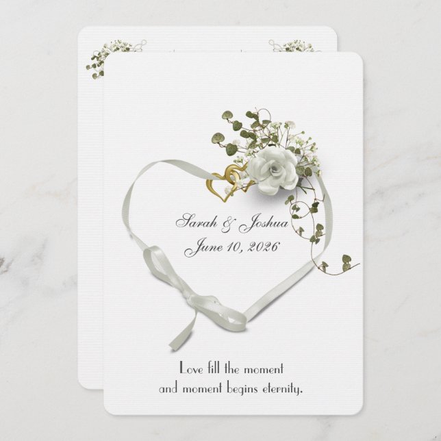 Wedding White Ribbon Heart with Rings Invitation (Front/Back)