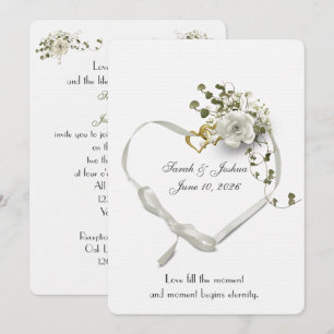 Wedding White Ribbon Heart with Rings Invitation