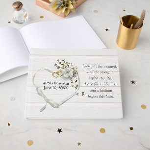 Wedding White Rose and Rbbon Heart Guest Book