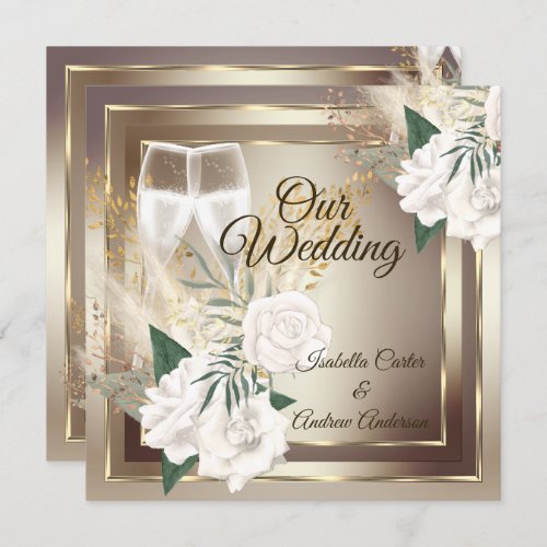 Wedding White Rose Champagne Gold Bronze Invitation