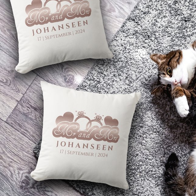Wedding White Rose Gold Heart Name Mr. and Mrs. Throw Pillow (Creator Uploaded)