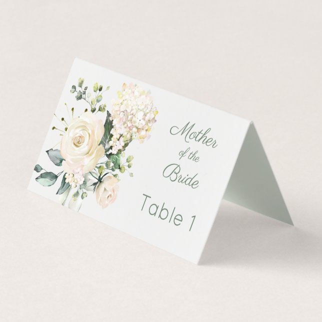 Wedding white rose, hydrangea place card (Front)