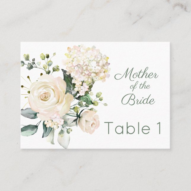 Wedding white rose, hydrangea place card (Front)