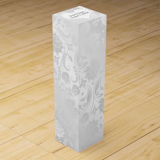 Wedding White Satin Damask With Heart Wine Box (Front)